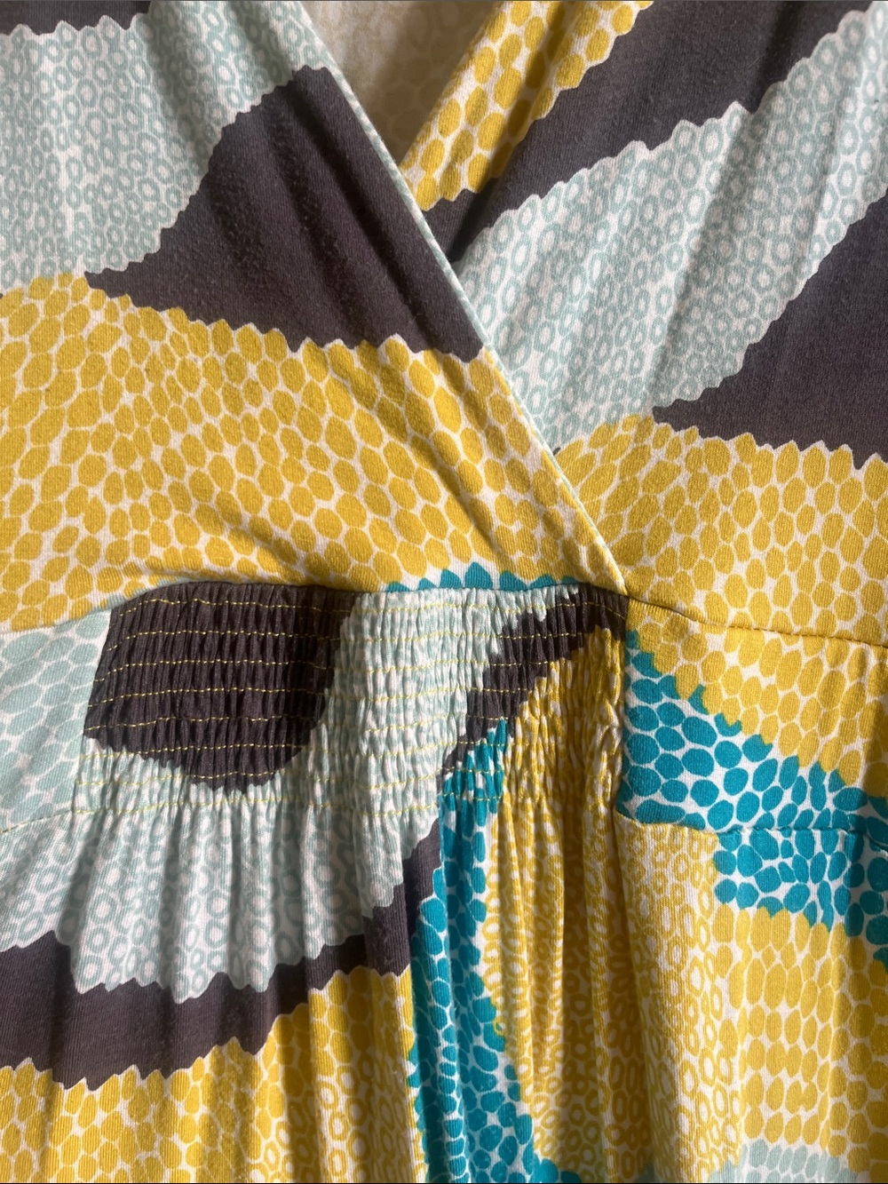 Boden Yellow Maxi Dress with Teal & Gray Geometric Print - Picture 3 of 5